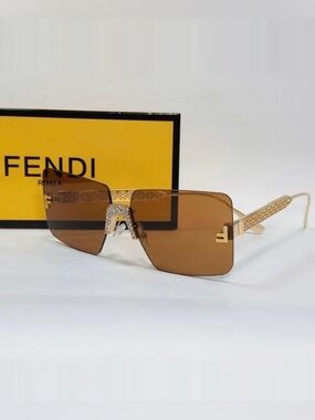 Fendi First Crystal Brown Gradient Rimless Crystal Square Sunglasses Gold